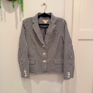 Sandro Designer Seersucker Navy White Stripes 100% Cotton Women's Blazer Size L